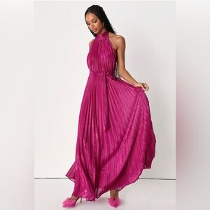 Everlasting Glow Shiny Magenta Pleated Halter Maxi Dress Size L.